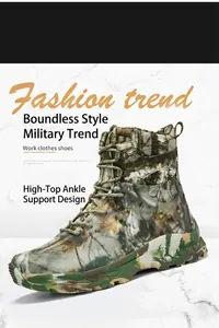 Detail of camouflage tactical boots with high-top ankle protection and non-slip soles
