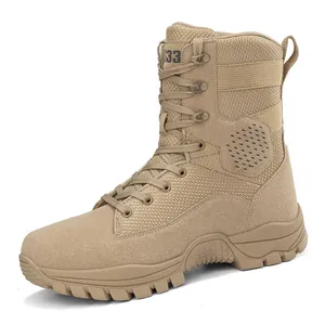 Breathable khaki tactical combat boots for hiking with durable high-top suede design