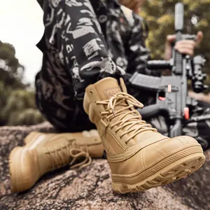 Rugged khaki high-top tactical hiking boots with non-slip rubber soles for outdoor camping