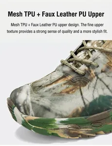 Detail of mesh TPU and PU leather upper on tactical boots with camouflage pattern