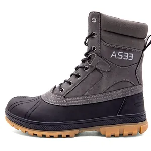 Outdoor hiking boots in grey and black with thick rubber sole and high-top design
