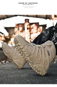 Froschperspektive der Khaki-Outdoor-Stiefel mit tiefen Gummisohlen und hoher Stützkraft