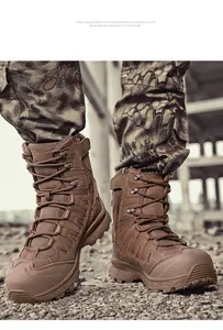 Macro view of men's brown tactical boots with side zipper and rugged rubber soles