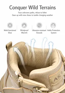 Detail of high-top tactical boot with padded ankle support and secure velcro strap
