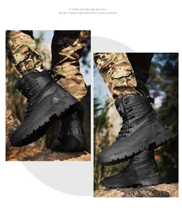 Close-up of durable black tactical boots with reinforced anti-collision toe and non-slip sole