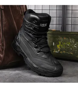 Detail of high-top tactical combat boots with leather拼接 and AS33 logo on green military crates