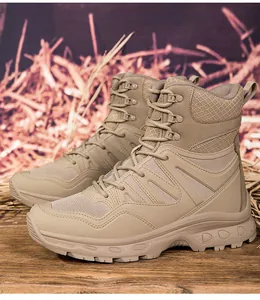 Detail view of khaki tactical boots with nubuck leather and breathable mesh panels