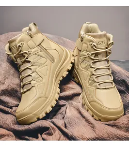 Detail showing high-top tactical boots with side zipper and durable rubber sole in sand color