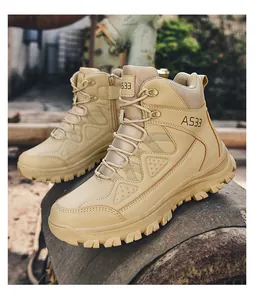 Detail shot of khaki tactical boot side with zip closure and high-grip rubber sole