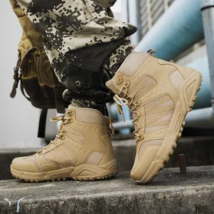Men's khaki tactical hiking boots with non-slip thick rubber soles for outdoor combat