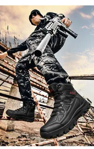 Detailed view of AS33 high-top tactical boots featuring leather and fabric panels