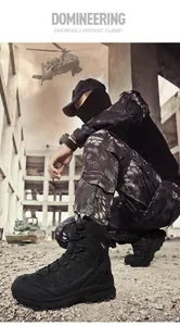 Premium black high-top tactical boots for men shown in a rugged military setting