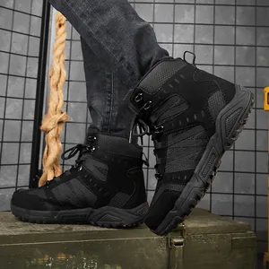 Men's durable black tactical military boots with rugged non-slip rubber soles and mesh fabric