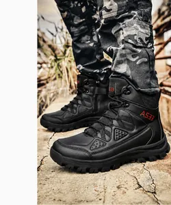 Durable black high-top tactical combat boots with anti-slip sole for outdoor hiking