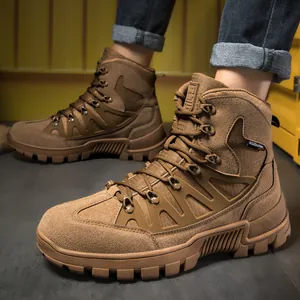 Rugged men's outdoor tactical boots in tan suede with non-slip rubber soles for hiking