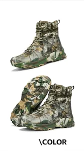 Detail of high-top tactical boots in camouflage green with anti-slip rubber soles