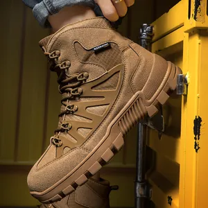 Men's outdoor tactical boots in khaki suede with anti-slip rubber soles for hiking