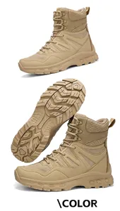 Detailed view of khaki high-top tactical boots featuring anti-slip rubber lug soles