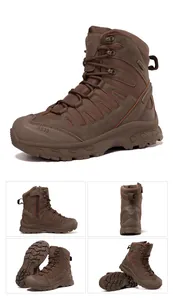 Detail view of high-top tactical boots featuring side zipper and non-slip rubber soles