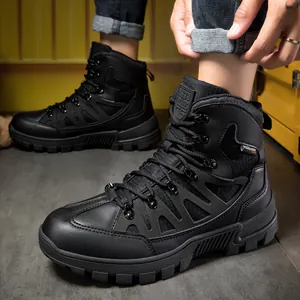 Men's outdoor tactical boots in black, featuring high-top anti-slip rubber soles for hiking