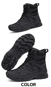 Detailed macro view showing the anti-slip thick rubber sole of black tactical boots