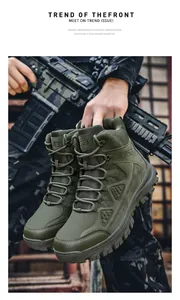 Detail of army green tactical boot with durable nubuck leather and breathable mesh