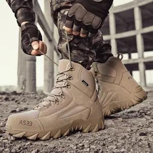 Bottes tactiques de randonnée en daim kaki pour hommes avec semelles robustes en caoutchouc