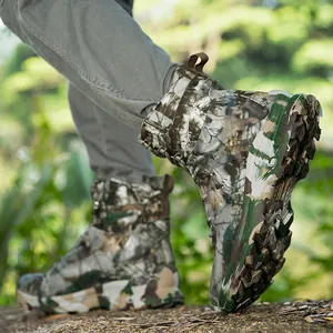 High-top tactical jungle camo boots with thick rubber soles for outdoor hiking adventure
