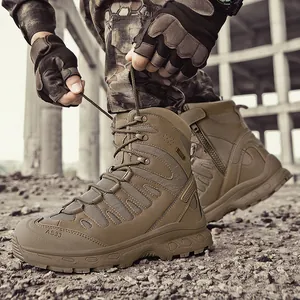 Classic khaki high-top tactical boots for men featuring side zippers and durable outsoles