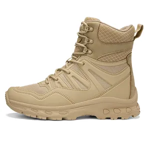 Men's khaki tactical boots with breathable mesh and anti-slip thick rubber sole