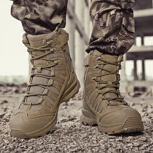 Durable khaki tactical boots with side zipper and rubber sole for outdoor hiking
