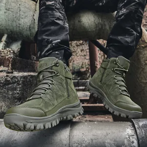 Men High-Top Tactical Combat Boots Outdoor Hiking Desert Shoes With Side Zipper Anti-Slip Wear-Resistant Work Boots
