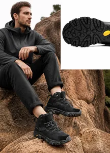 Detail of high-top hiking boots featuring non-slip rubber soles and outdoor tread