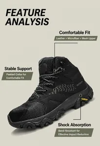 Close-up of breathable mesh and leather hiking shoes with thick cushioning sole