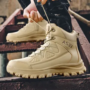 Men's khaki high-top tactical combat boots with side zipper and durable rubber sole