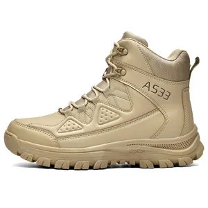 Men's high-top tactical combat boots in sand khaki color with AS33 non-slip rubber soles