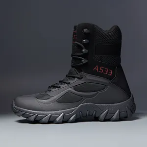 Black high-top outdoor tactical boots with red AS33 logo and non-slip rubber sole