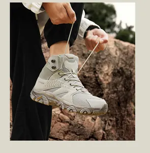 Outdoor khaki tactical boots with breathable mesh and deep-tread anti-slip rubber soles