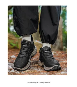 Outdoor hiking shoes on forest terrain with warm fleece lining and non-slip sole