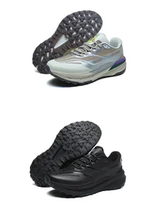 Detailed side and sole view of cushioned trail running shoes in beige and black colors