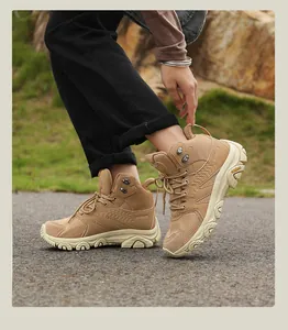 Khaki outdoor hiking boots featuring breathable mesh and durable anti-slip rubber soles