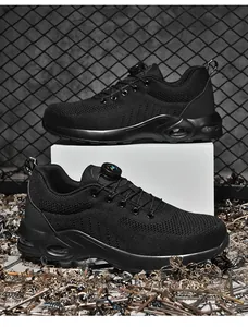 Detail of breathable mesh safety shoe featuring a knob lacing system and air cushion sole