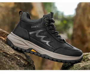 Detail of warm winter hiking shoe with durable leather upper and anti-slip rubber sole