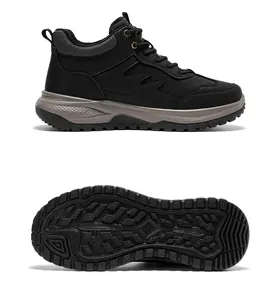 Detail of non-slip rubber sole and black synthetic leather upper for men outdoor winter shoes