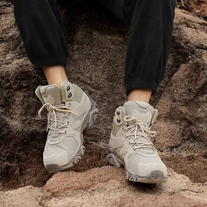 Beige outdoor hiking boots with anti-slip thick soles and breathable mesh panels