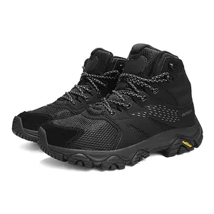 Men's and women's black high-top outdoor hiking boots with breathable mesh and thick rubber sole