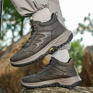 Outdoor men's leather hiking boots in dark coffee brown with thick anti-slip rubber soles