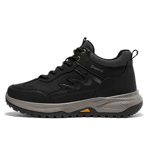 Mens winter walking shoes with black synthetic leather and warm lining in a side view
