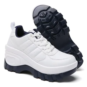 Women's 8cm platform sneakers in blue and white leather with thick anti-slip heart soles