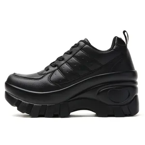 Women's 8cm platform chunky black mesh sneakers with heart detail on sole